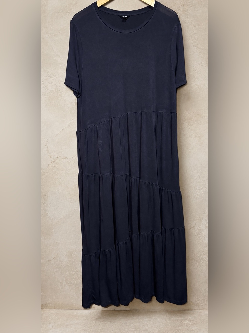 Saint + Sofia Greenwich Navy Asymmetric Tiered Midi Dress Pockets US 16